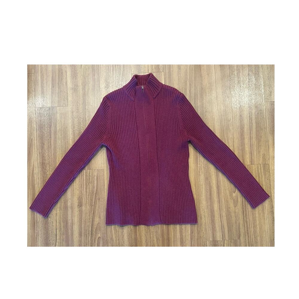 Eddie Bauer Women's Ribbed Full Zip Mock Neck Sweater Purple M Long Sleeve